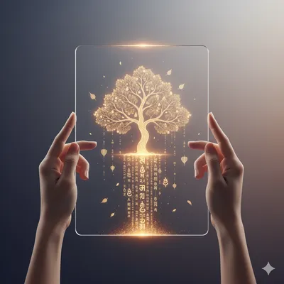 A pair of gentle hands holding a minimalist, glowing, transparent tablet. On the screen, a beautiful Bodhi tree is displayed, its leaves slowly falling and transforming into golden glowing words.